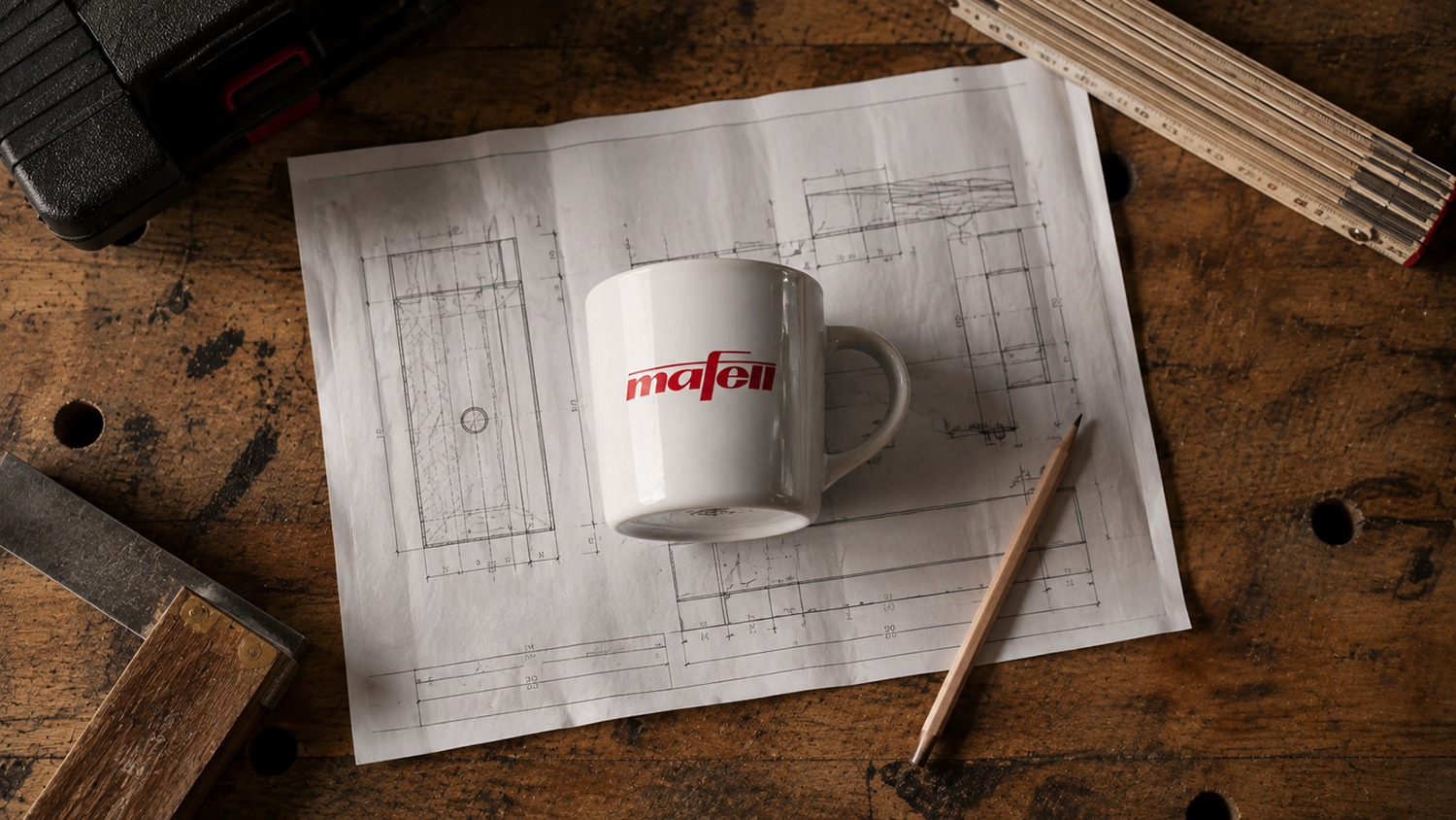 Mafell Tasse auf einem Tisch liegend mit Bleistift