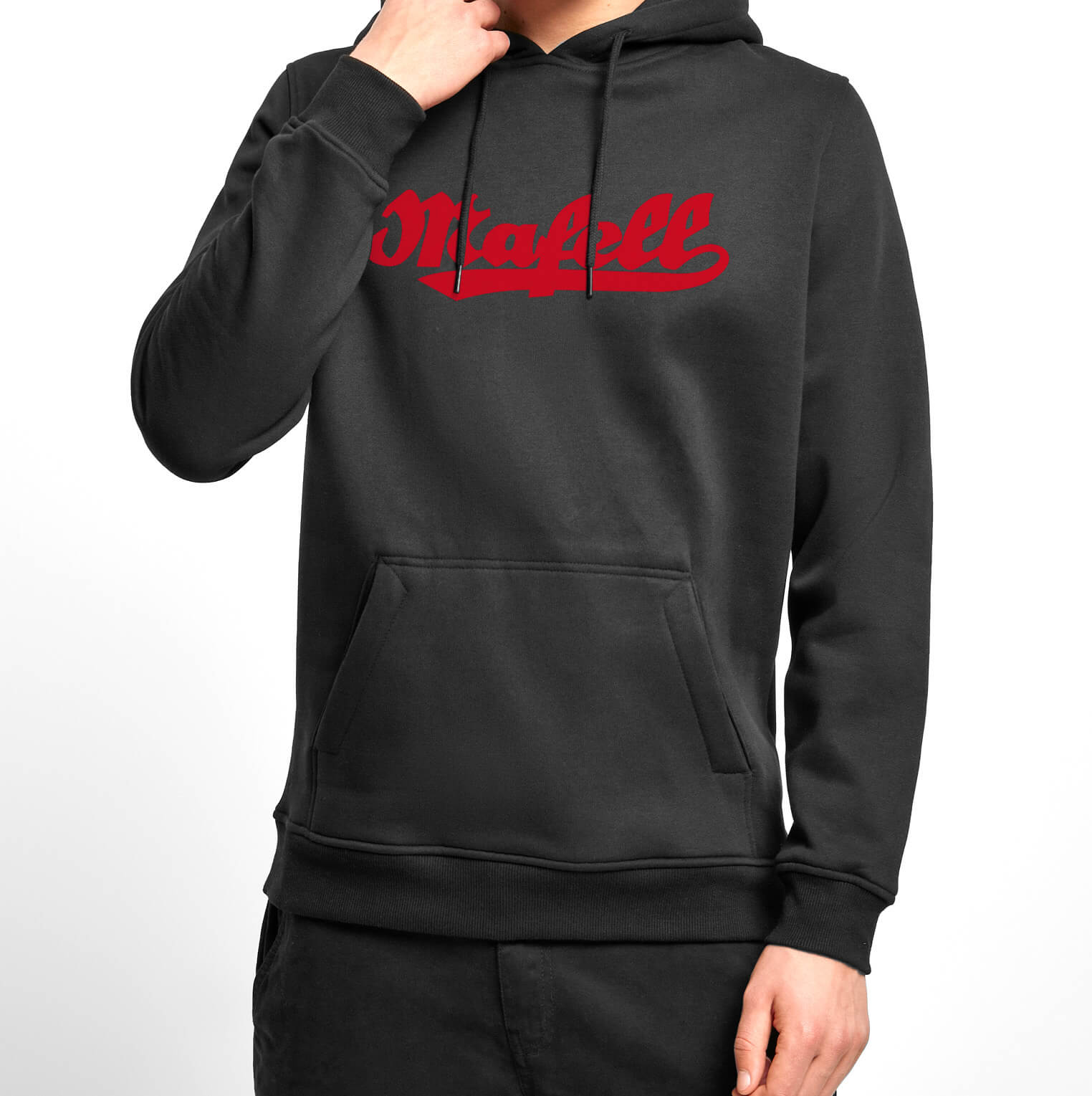 Schwarzer Hoodie mit Mafell Retro Logo Frontansicht getragen