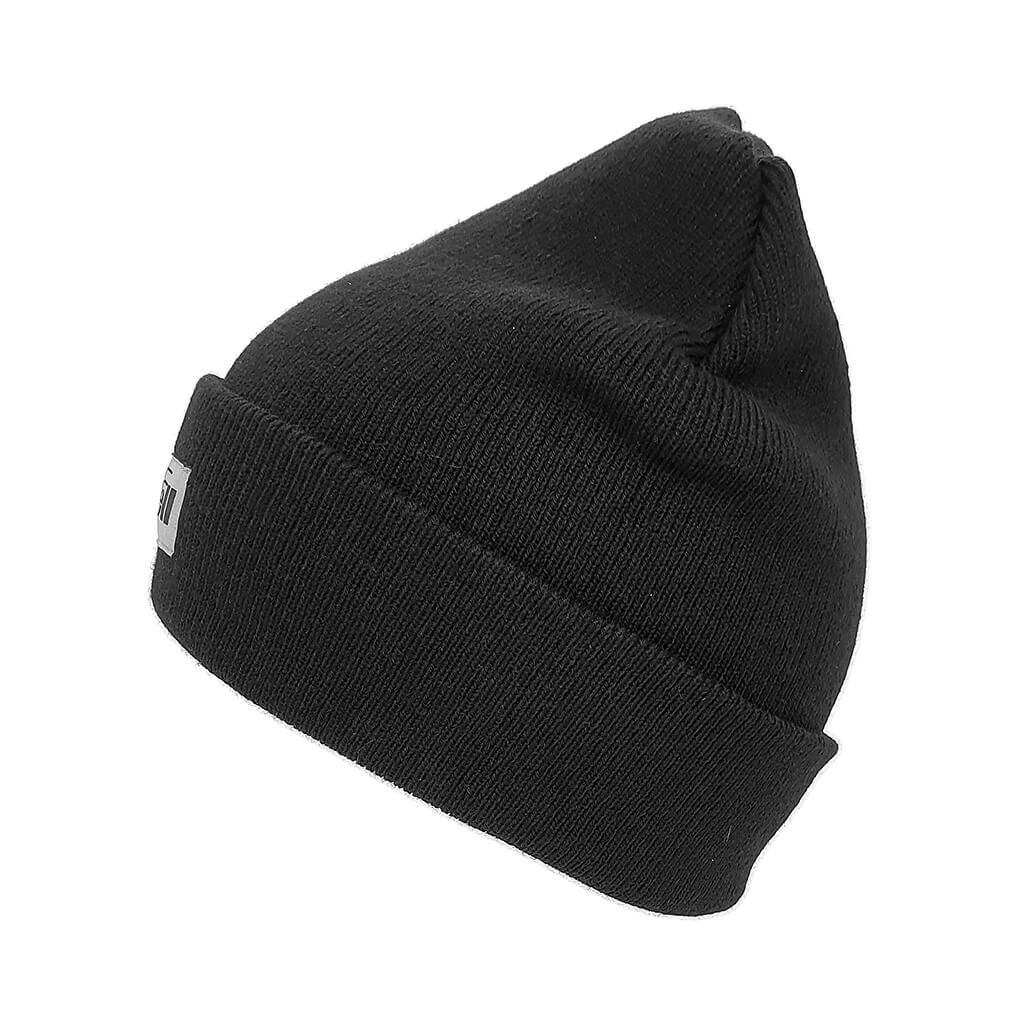 Schwarze MAFELL Strickmütze mit grauem Lederpatch Seitenansicht